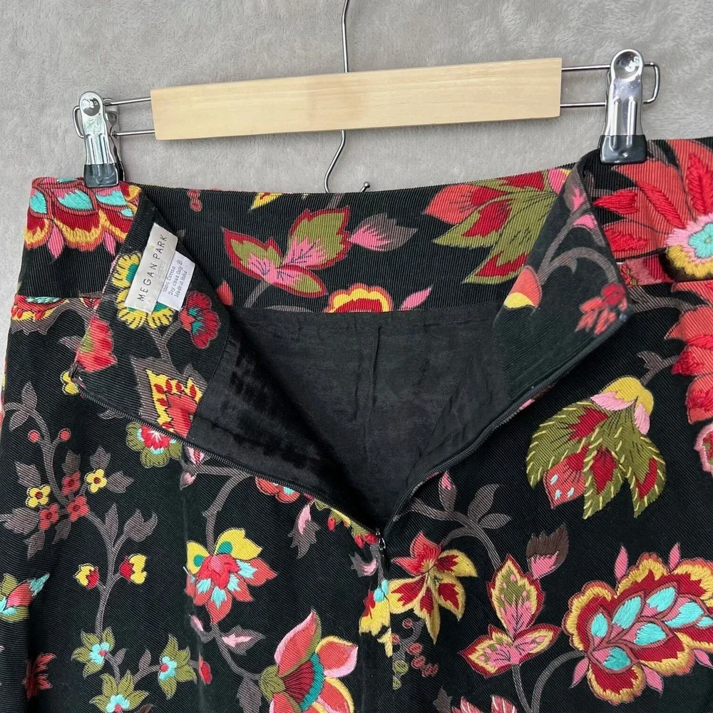 Megan Park‎ England Skirt Womens Corduroy Black Embroidered Boho Floral Y2K